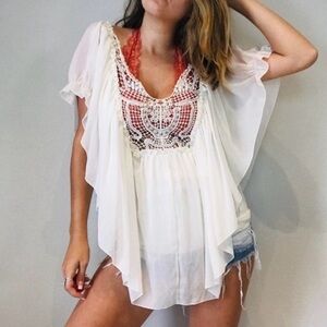 Free People Studded Angel Sleeve Crochet Lace Boho Top Medium Angelcore Y2K